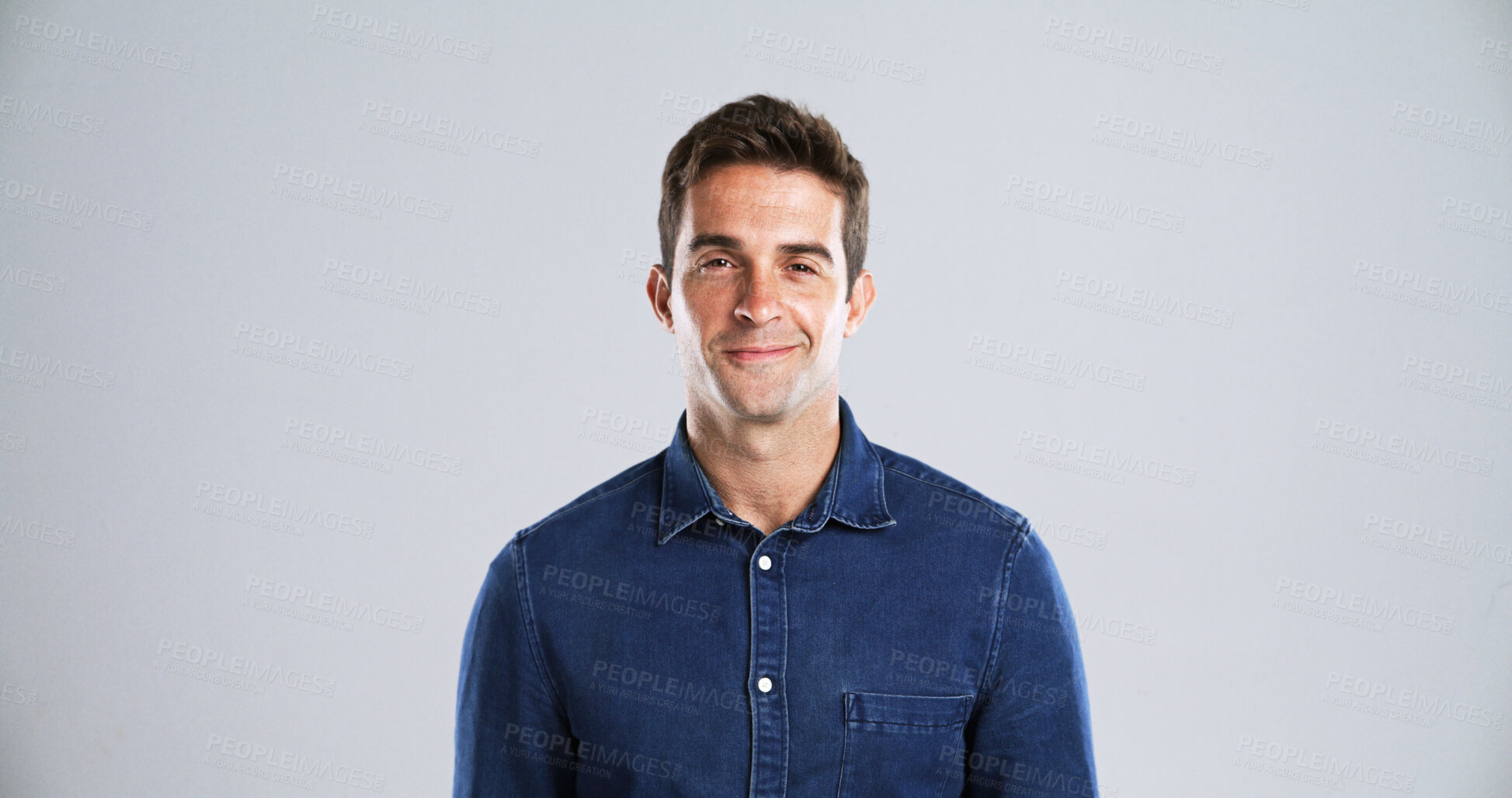 Buy stock photo Denim, fashion and man in portrait with confidence, mockup space or white background. Male model, studio or creative person with cool outfit, trendy style or modern clothes in Canada for satisfaction