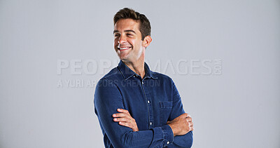 Buy stock photo Arms crossed, planning and vision with man in studio for daydreaming or memories on mockup space. Future, ideas and thinking with happy person on white background for problem solving or solution
