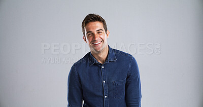 Buy stock photo Portrait, happy man and laughing for fashion in studio with casual clothes or trendy style. Mockup space, comedy humor or male person with cool outfit, denim jacket and funny joke on white background