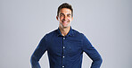 Portrait, proud or happy man with fashion in studio with casual clothes and trendy style. Mockup space, confident model and male person with cool outfit, denim jacket and smile on gray background
