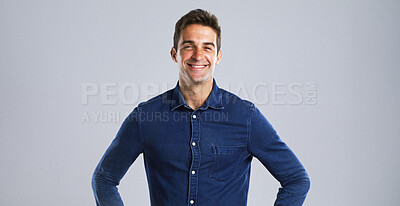 Buy stock photo Portrait, proud or happy man with fashion in studio with casual clothes and trendy style. Mockup space, confident model and male person with cool outfit, denim jacket and smile on white background