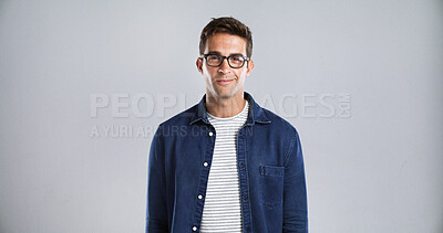 Buy stock photo Man, portrait and glasses for fashion or vision, trendy eyewear and stylish in studio. Designer frame, spectacles and male person with denim style, space and prescription lens on white background