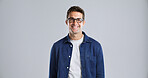 Happy, man and portrait of professor in studio with confidence for career in university education. Mockup space, glasses and male lecturer from London with pride for college job by white background.