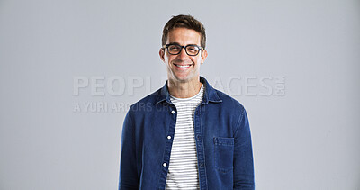 Buy stock photo Happy, man and portrait of professor in studio with confidence for career in university education. Mockup space, glasses and male lecturer from London with pride for college job by white background.