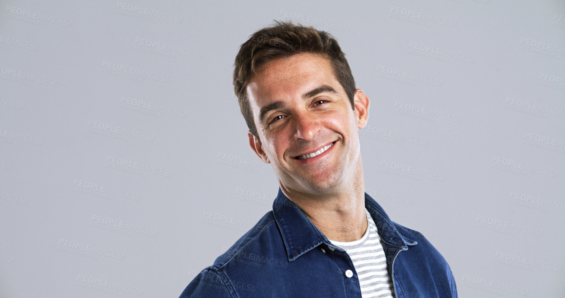 Buy stock photo Portrait, confident and man for fashion in studio with casual clothes, trendy style and positive attitude. Mockup, happy and person with cool outfit, denim jacket and good mood on white background