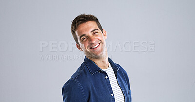 Buy stock photo Portrait, man and laugh for fashion in studio with casual clothes, trendy style and positive attitude. Mockup, happy and male person with cool outfit, denim jacket and good mood on white background 