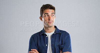 Buy stock photo Man, thinking and curious for decision in studio for listen to gossip, hear rumor and fake news. Mockup space, person and spying for information, suspicious and interesting story on white background