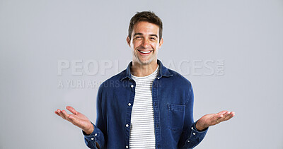 Buy stock photo Studio, man and portrait with hands for choice, question and  expression with balance for options. Mockup space, male person and happy with gesture for scale, decision and smile in white background