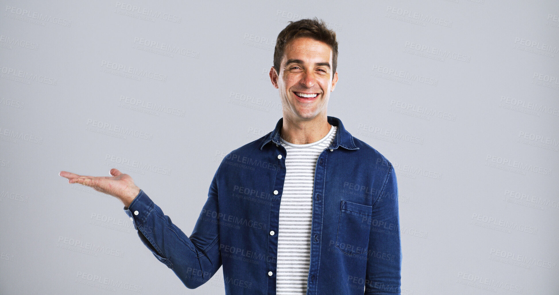 Buy stock photo Portrait, man and show presentation in studio for advertising, about us info and announcement. Coming soon, person or marketing space for promotion offer, ambassador or opportunity on background