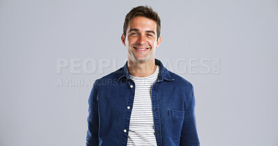 Buy stock photo Denim, fashion and man in portrait with smile, mockup space and white background. Happy model, studio or creative person with cool outfit, trendy style or modern clothes in Canada for satisfaction