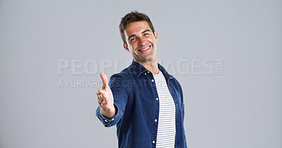Buy stock photo Happy man, portrait and handshake in studio for meeting, agreement or welcome on white background. Male person, model or shaking hands with smile for opportunity, offer or greeting on mockup space