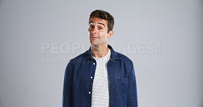 Buy stock photo Thinking, suspicious and portrait of man in studio with doubt, confused or question by mockup space. Unsure, uncertainty and male person with problem solving for fake news by white background.
