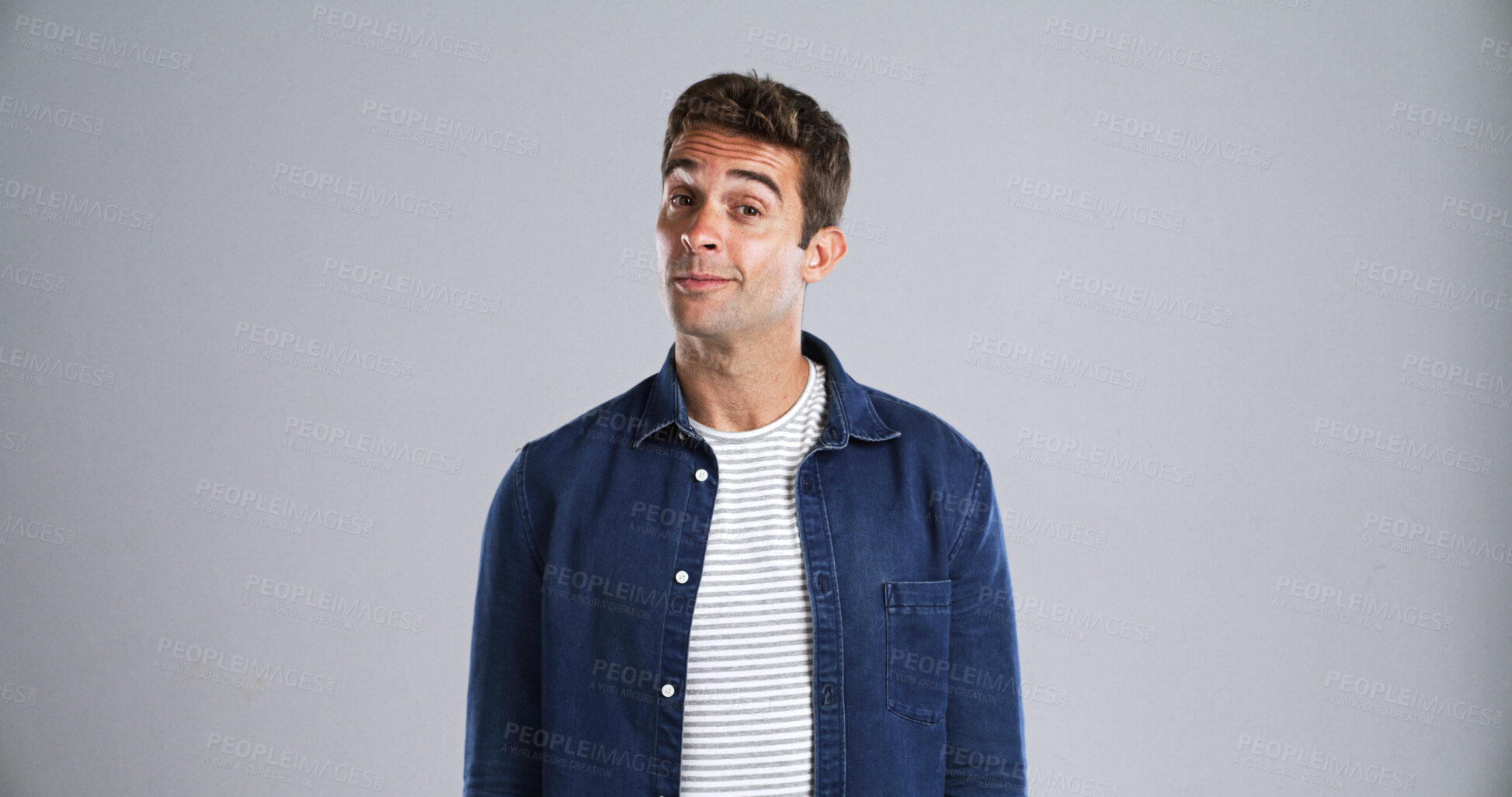 Buy stock photo Thinking, suspicious and portrait of man in studio with doubt, confused or question by mockup space. Unsure, uncertainty and male person with problem solving for fake news by white background.