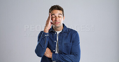 Buy stock photo Tired, man and pain with headache in studio from stress, vertigo and burnout from pressure. Mockup space, person or fatigue with migraine, muscle tension or brain fog with mistake on white background