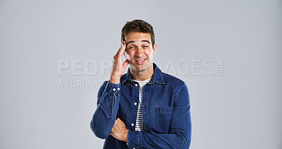 Buy stock photo Portrait, headache and man in studio, pain and stress with muscle tension on gray background. Face, person and model with migraine, burnout and mental health with pressure, frustrated and anxiety