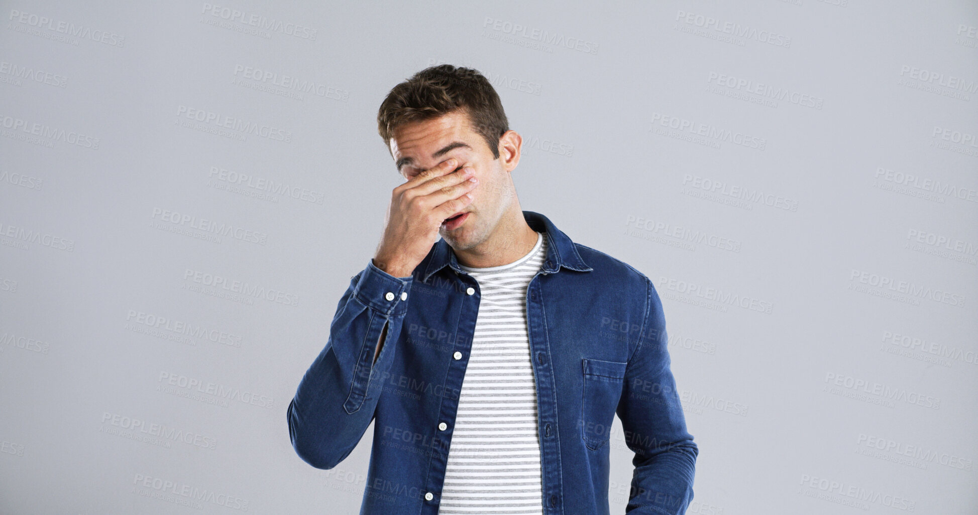Buy stock photo Man, headache and stress with eye strain in studio with fatigue, vertigo and frustrated by background. Person, tired and migraine with pain, exhausted and burnout with mockup space for vision