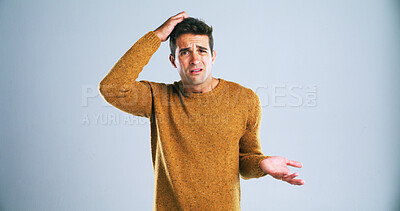 Buy stock photo Portrait, scratching head and question with man in studio for doubt, problem solving or solution. Confused, emoji and uncertain with unsure person on white background for answer, decision or mistake