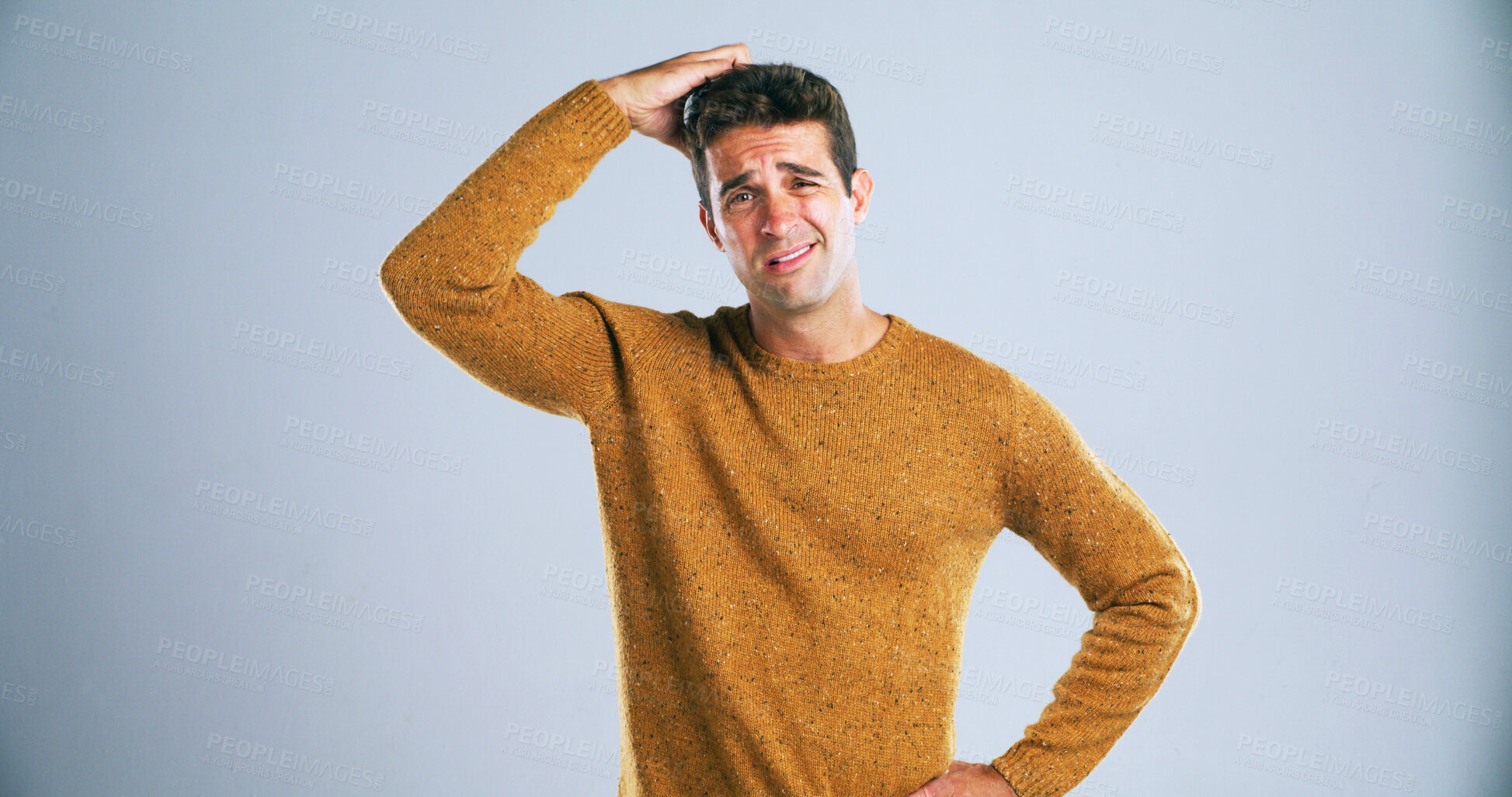 Buy stock photo Portrait, scratching head and solution with man in studio for doubt, problem solving or question. Confused. emoji and why with unsure person on white background for answer, decision or mistake