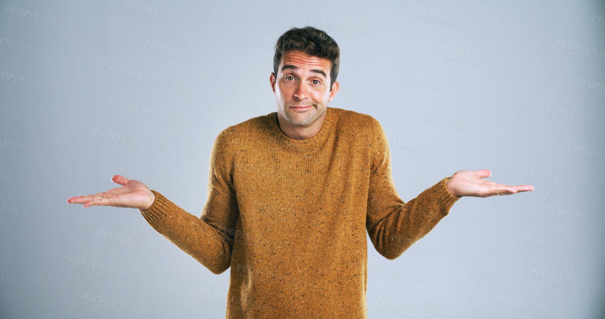 Buy stock photo Confused, portrait and shrugging shoulders with man in studio for doubt, solution or question. Emoji, problem solving and why with uncertain person on white background for answer, decision or mistake