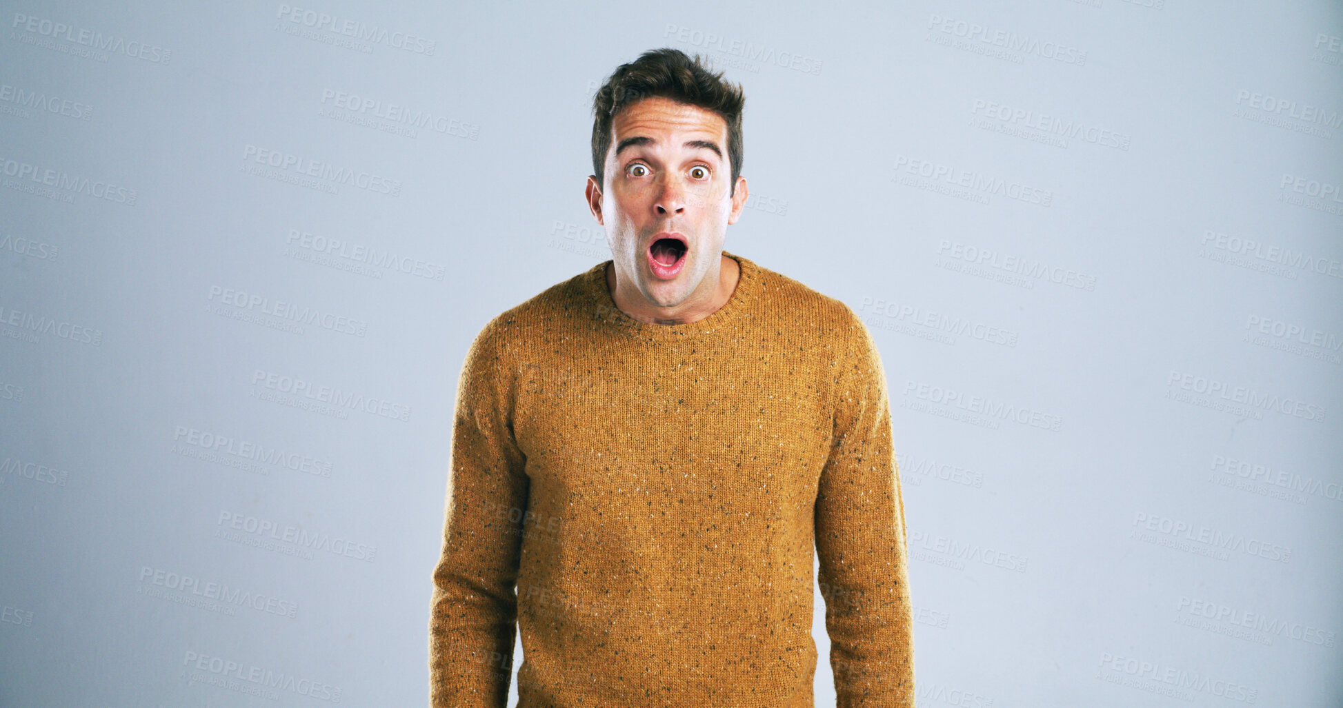 Buy stock photo Portrait, man and shocked with fear in studio for bad news, drama and reaction to danger risk. Mockup space, person and surprise expression to horror story, scary rumor and terror on white background