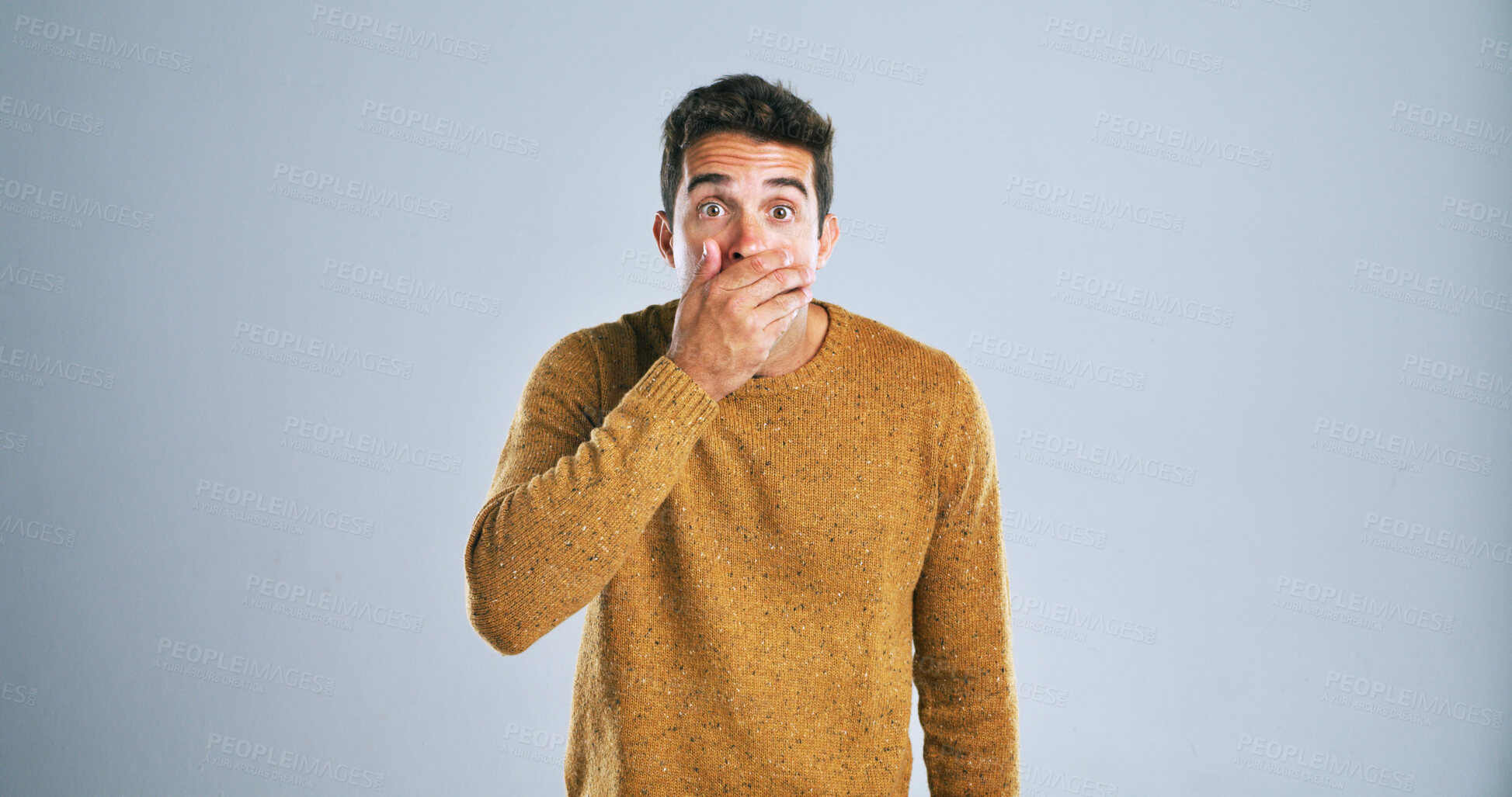 Buy stock photo Portrait, wow and shocked with man, reaction and white background in studio for news or alarm. Rumor, surprise emoji and mind blown with model person for secret, announcement or gossip gesture