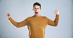 Stretch, yawn and tired man in studio with burnout, low energy or exhausted on white background. Fatigue, portrait and male model with insomnia expression for sleepy emoji, lazy or bored gesture