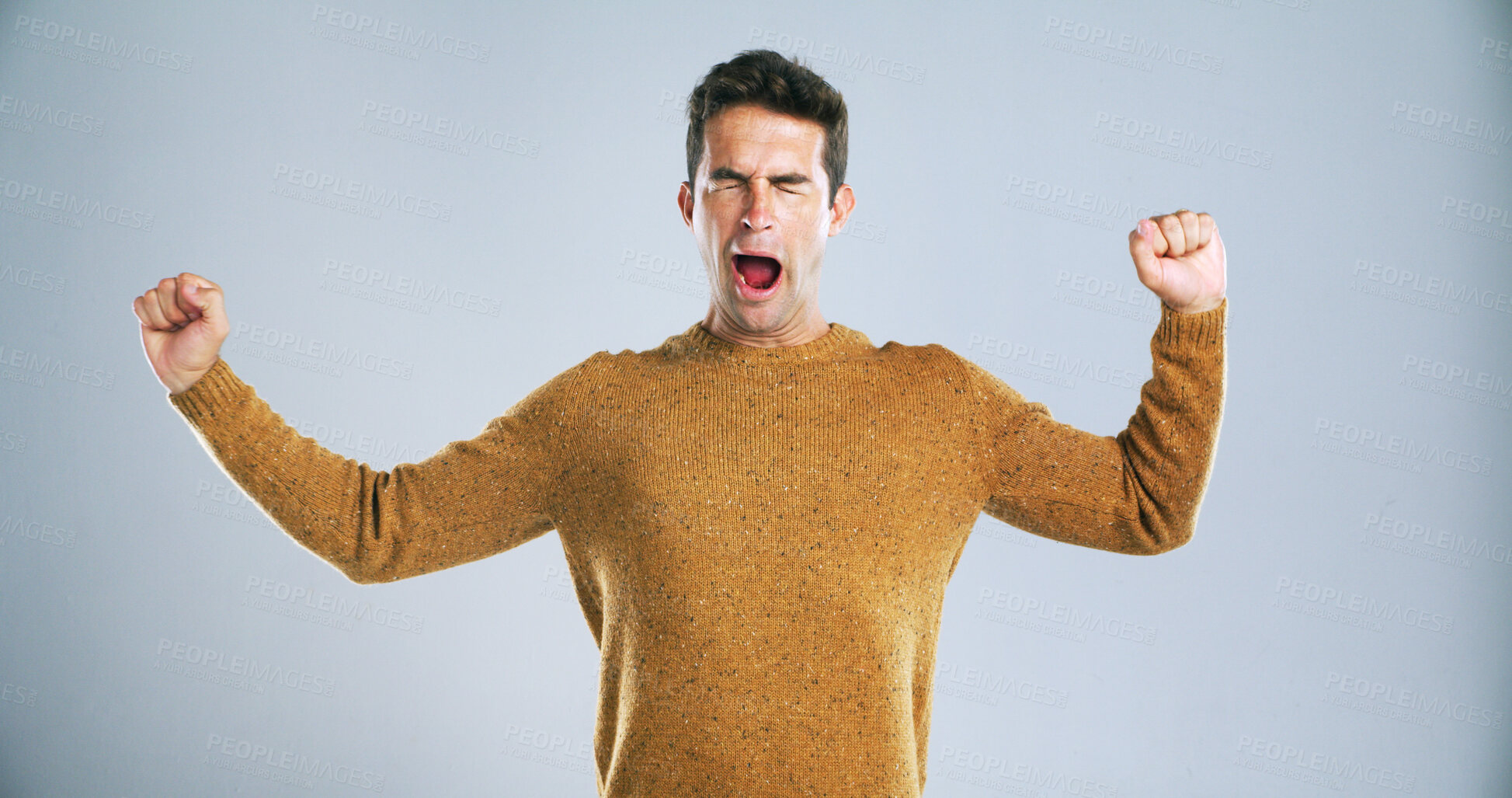 Buy stock photo Stretch, yawn and tired man in studio with burnout, low energy or exhausted on white background. Fatigue, sleepless and male model with insomnia expression for sleepy emoji, lazy or bored gesture