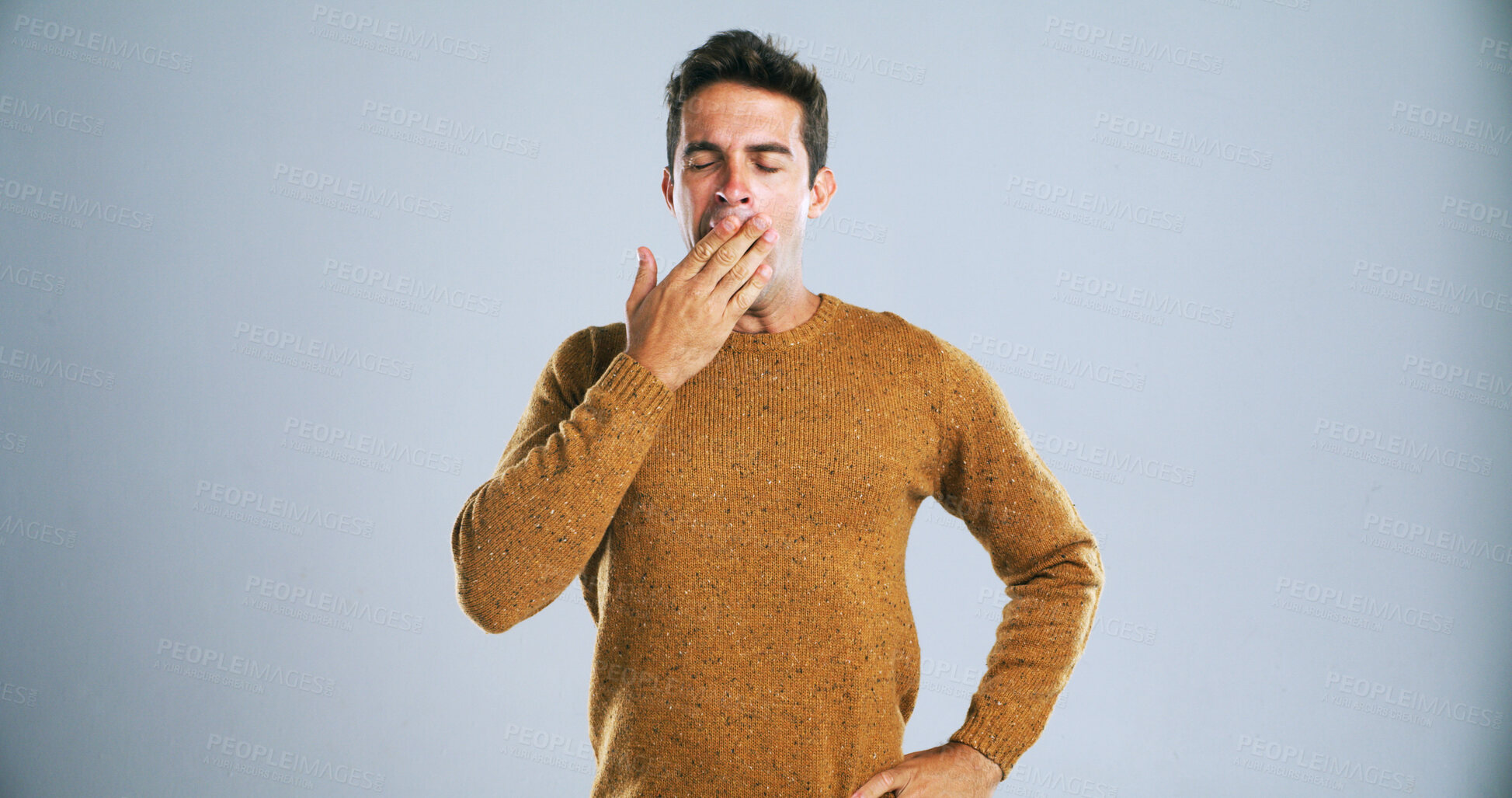 Buy stock photo Hand, yawn and tired man in studio with burnout, low energy or exhausted on white background. Fatigue, sleepless and male model with insomnia expression for sleepy emoji, lazy or bored gesture