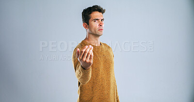 Buy stock photo Portrait, hand gesture and man with threat, blame and selection on white studio background. Angry, person and model with warning, fight and mockup space with danger and disagreement accountability