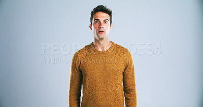 Buy stock photo Portrait, man and shocked with reaction in studio for bad news, drama and gossip revelation. Mockup space, person and surprise expression for story, hearing rumor and announcement on white background