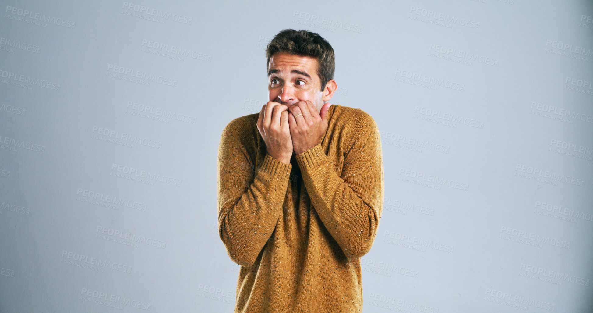 Buy stock photo Nervous, scared and worried with man on studio mockup for fear, nightmares or ptsd from trauma. Anxiety, concern or stress with terrified person on white background for danger, panic or phobia