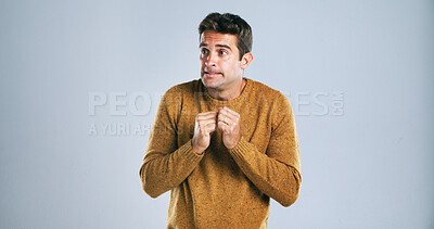 Buy stock photo Nervous, scared and stress with man on studio mockup for fear, nightmares or ptsd from trauma. Anxiety, concern and worried with terrified person on white background for danger, panic or phobia
