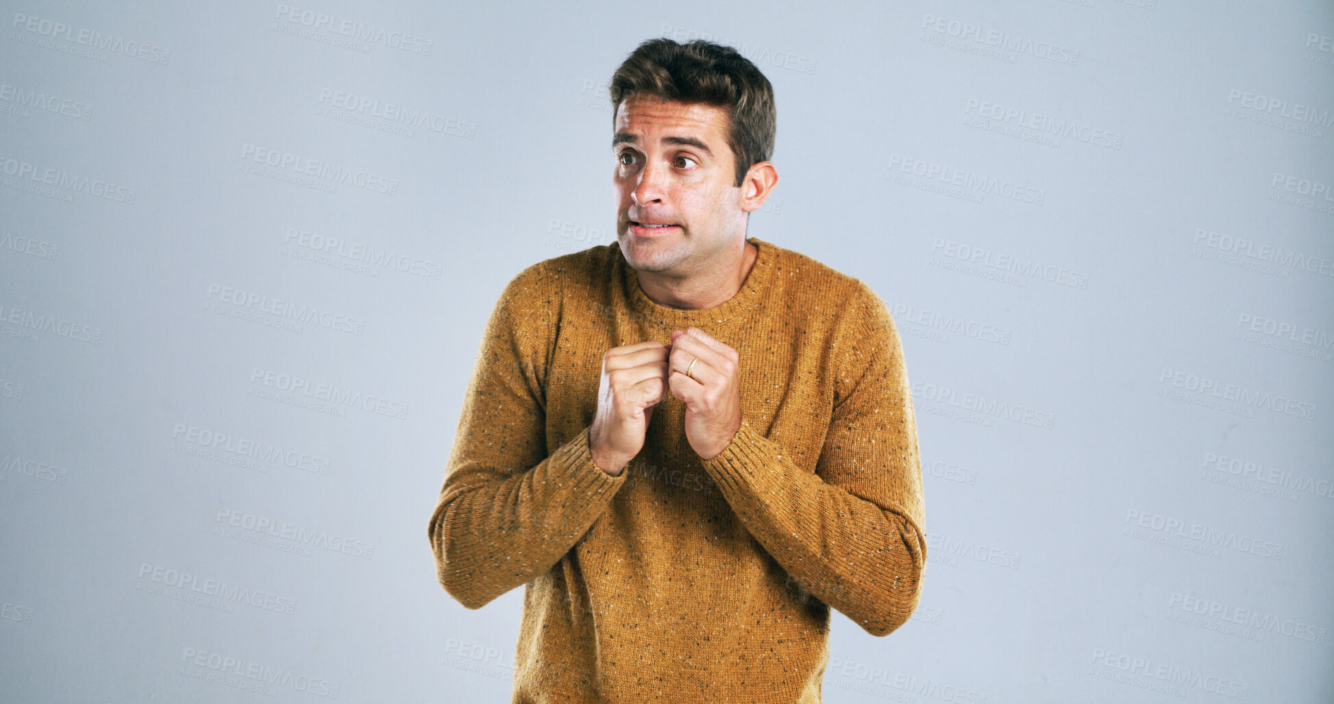 Buy stock photo Nervous, scared and stress with man on studio mockup for fear, nightmares or ptsd from trauma. Anxiety, concern and worried with terrified person on white background for danger, panic or phobia