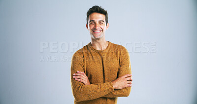 Buy stock photo Arms crossed, portrait and smile of man in studio for small business startup as entrepreneur. Confident, proud and satisfied with happy person on white background for creative career on mockup space