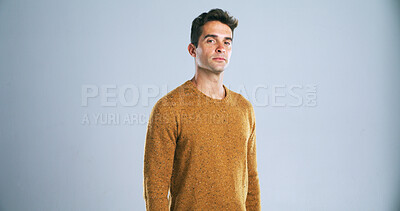 Buy stock photo Serious, man and portrait of teacher in studio with confidence for career growth in education. Mockup space, tutor and male educator from London with pride for high school job by white background.