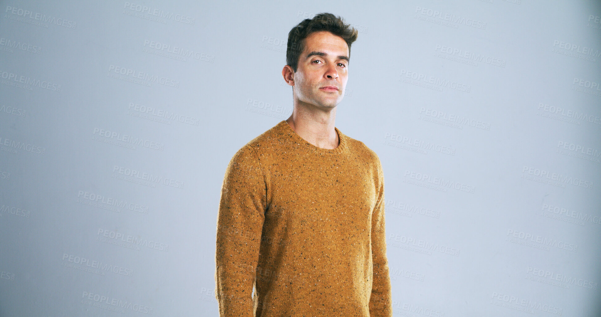 Buy stock photo Serious, man and portrait of teacher in studio with confidence for career growth in education. Mockup space, tutor and male educator from London with pride for high school job by white background.