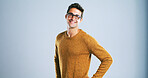 Glasses, portrait and smile of tech guru in studio for computer engineering or development. IT support. system and troubleshooting with man on white background for network solution or problem solving