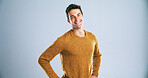 Happy, man and portrait of teacher in studio with confidence for education career with mockup space. Smile, tutor and male educator from London with pride for high school job by white background.