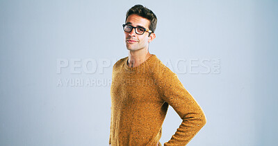 Buy stock photo Glasses, IT support and portrait of tech guru in studio for development as computer engineer. Confident, expertise and male person with developer or programmer on white background for small business