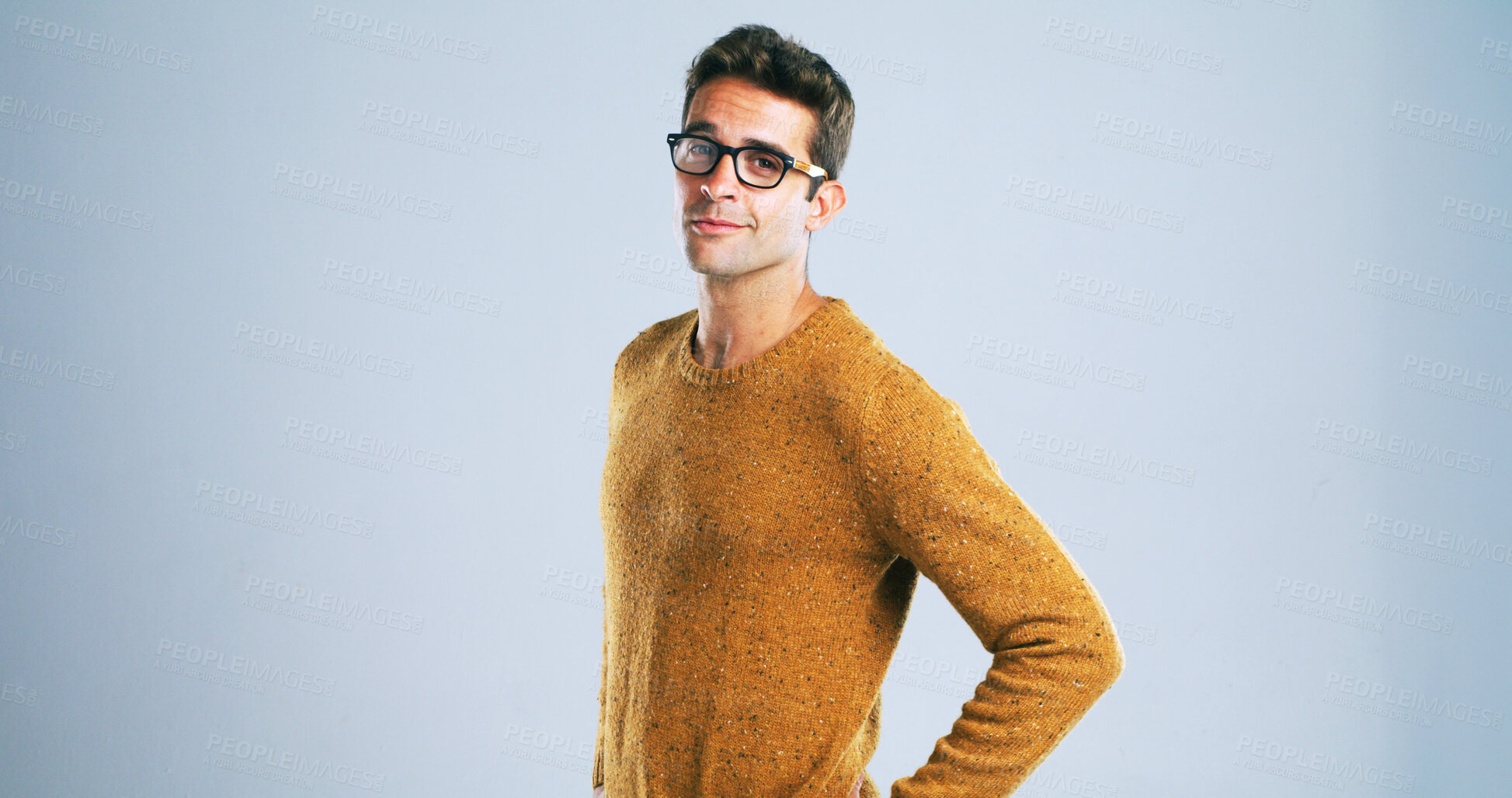 Buy stock photo Glasses, IT support and portrait of tech guru in studio for development as computer engineer. Confident, expertise and male person with developer or programmer on white background for small business