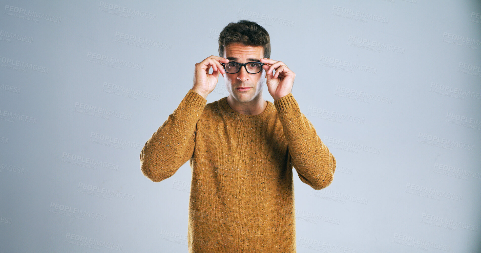 Buy stock photo Glasses, IT support and portrait of developer man in studio for computer engineering as tech guru. Expert, male person and vision with coder or programmer on white background for small business