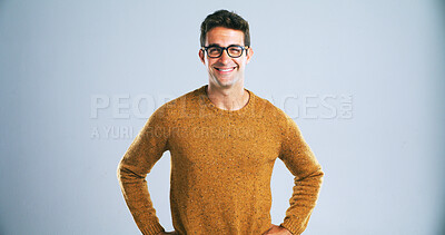 Buy stock photo Glasses, IT support and portrait of man in studio for computer engineering or development. Confidence, eyewear and smile of happy tech guru isolated on white background for programming satisfaction
