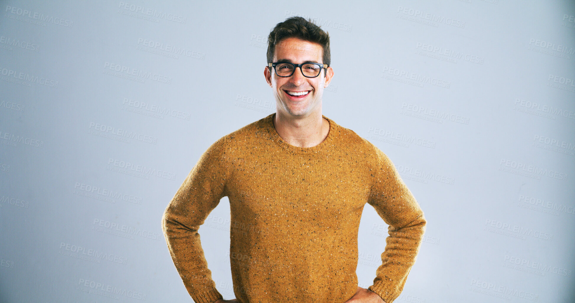 Buy stock photo Confident, happy and portrait of man in studio with smile, pride and positive attitude for job startup. Mockup, space and person with glasses on white background for business consultant career