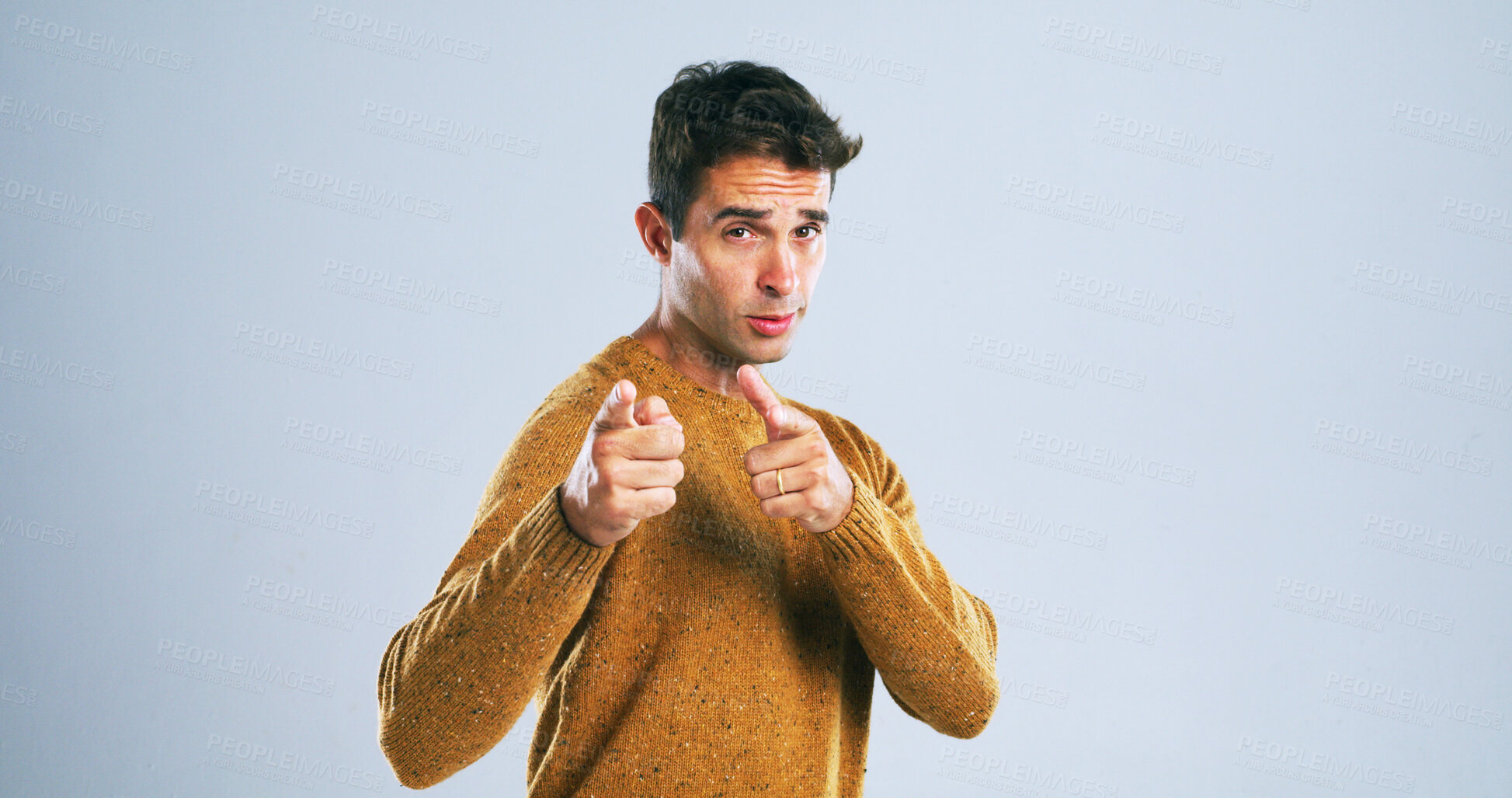 Buy stock photo Portrait, man and pointing at you in studio for decision, selection or choice on white background. Finger gun, invitation and person with hand gesture for join us, hiring or recruit with mockup space