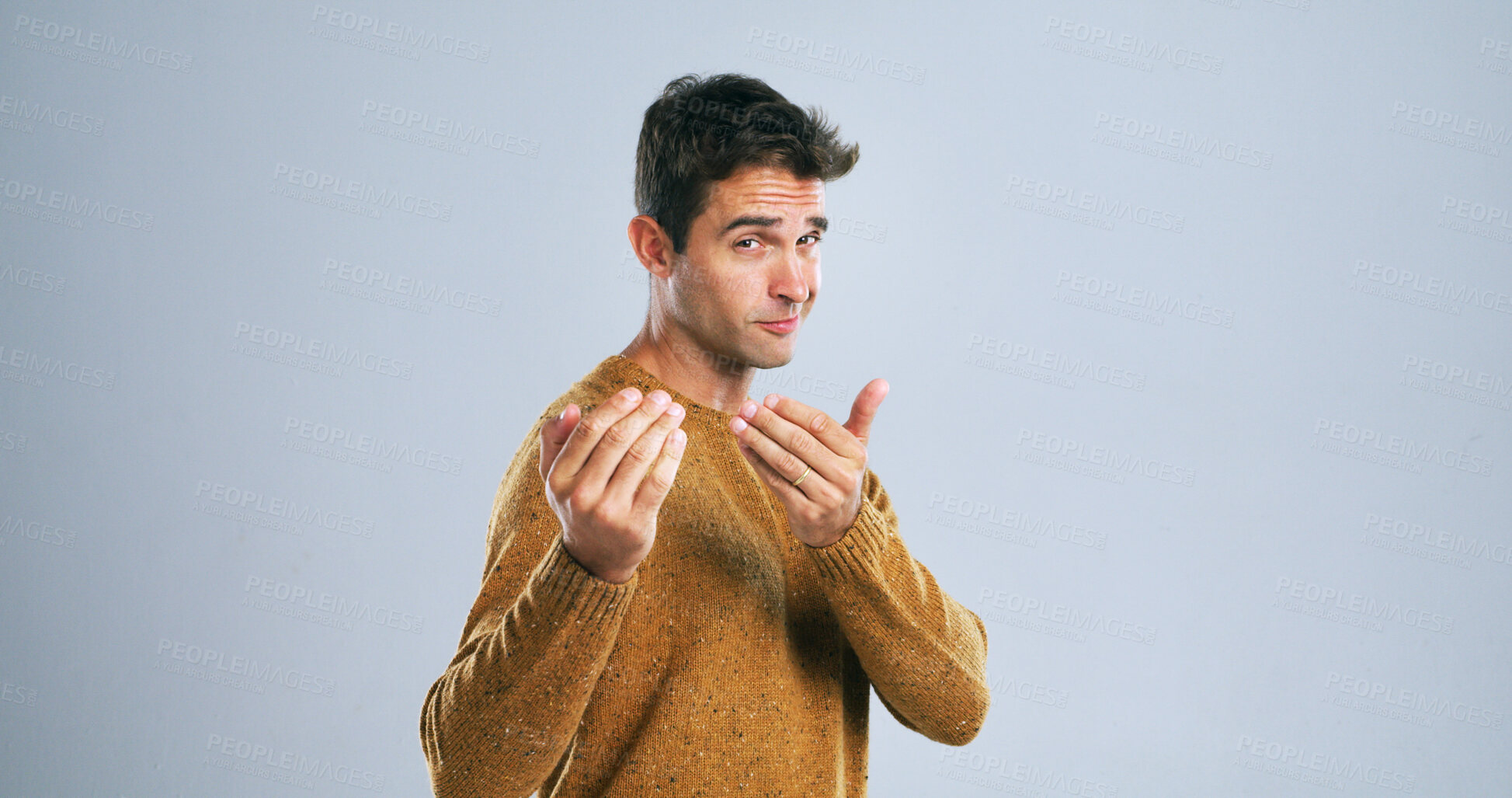 Buy stock photo Fighting, funny and portrait of man in studio for conflict resolution, dispute or karate joke. Mockup space, playful and male person with hand gesture for combat offer with comedy by white background
