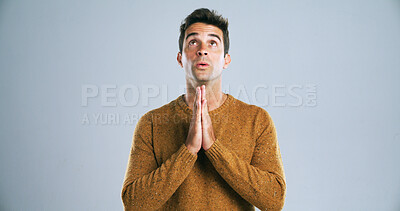 Buy stock photo Man, praying and hope for worship, anxiety and faith for God on white background. Spiritual stress, begging for guidance and religion with prayer in studio for trust, opportunity and plea or question