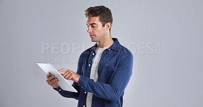 Buy stock photo Coding, system and tablet with man in studio for programming or software development career. App, search and web maintenance with serious tech guru on white background for professional IT support