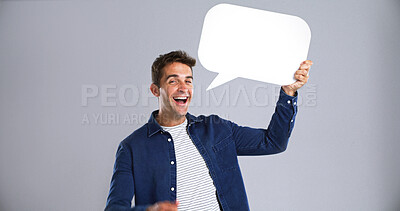 Buy stock photo Portrait, happy man and speech bubble in studio for social media, communication forum or feedback. Excited, person and dialogue balloon for opinion, quote or FAQ on white background with mockup space