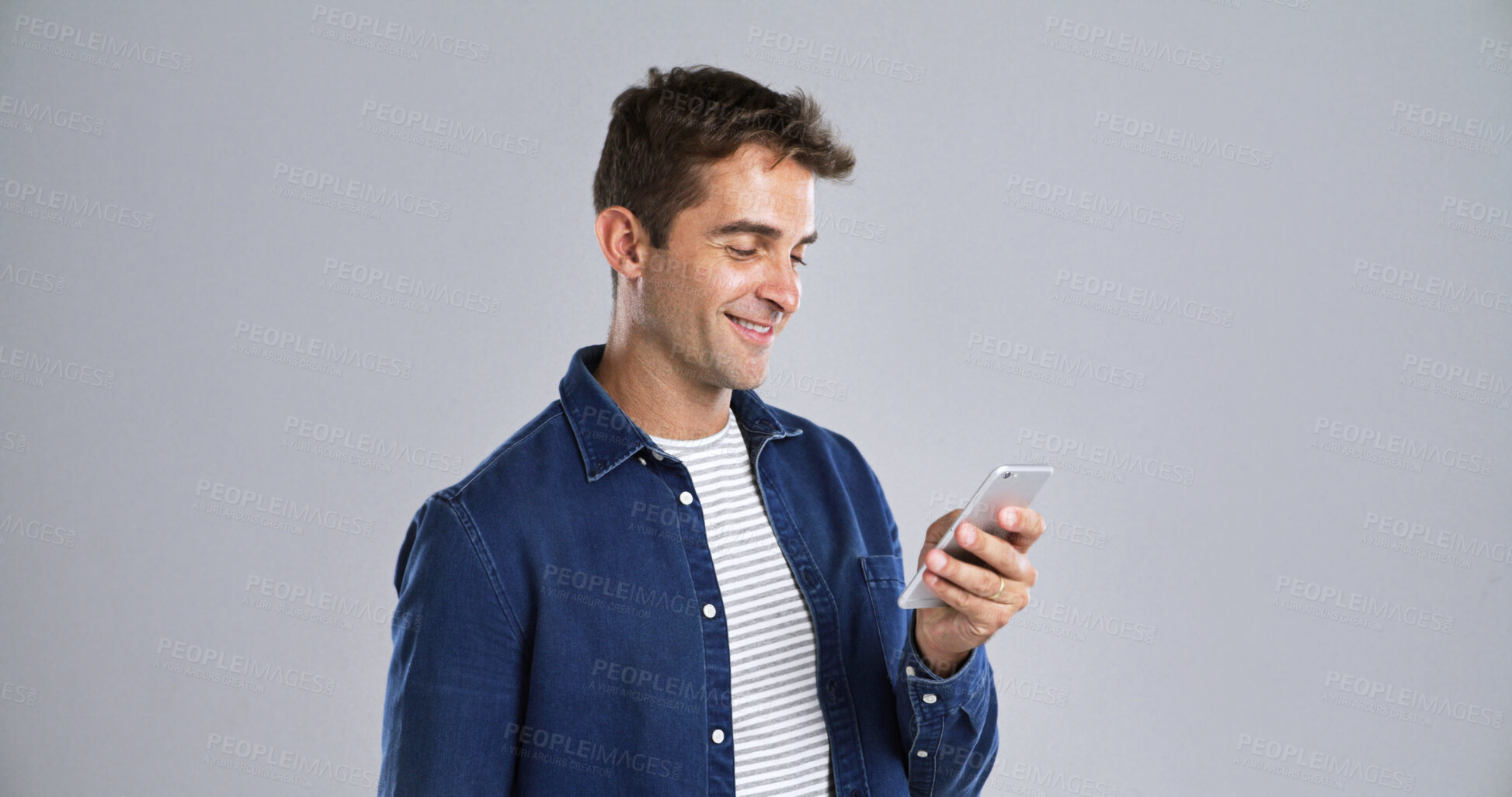 Buy stock photo Man, smartphone and check notification for communication, social media or email for connection. Mockup space, mobile app and male person with reading message, texting or blog on white background