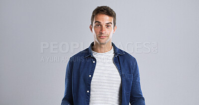 Buy stock photo Happy, fashion or portrait of man in studio for casual outfit with goofy face expression. Comic, smile or male person from London with cool or stylish clothes for confidence by white background space